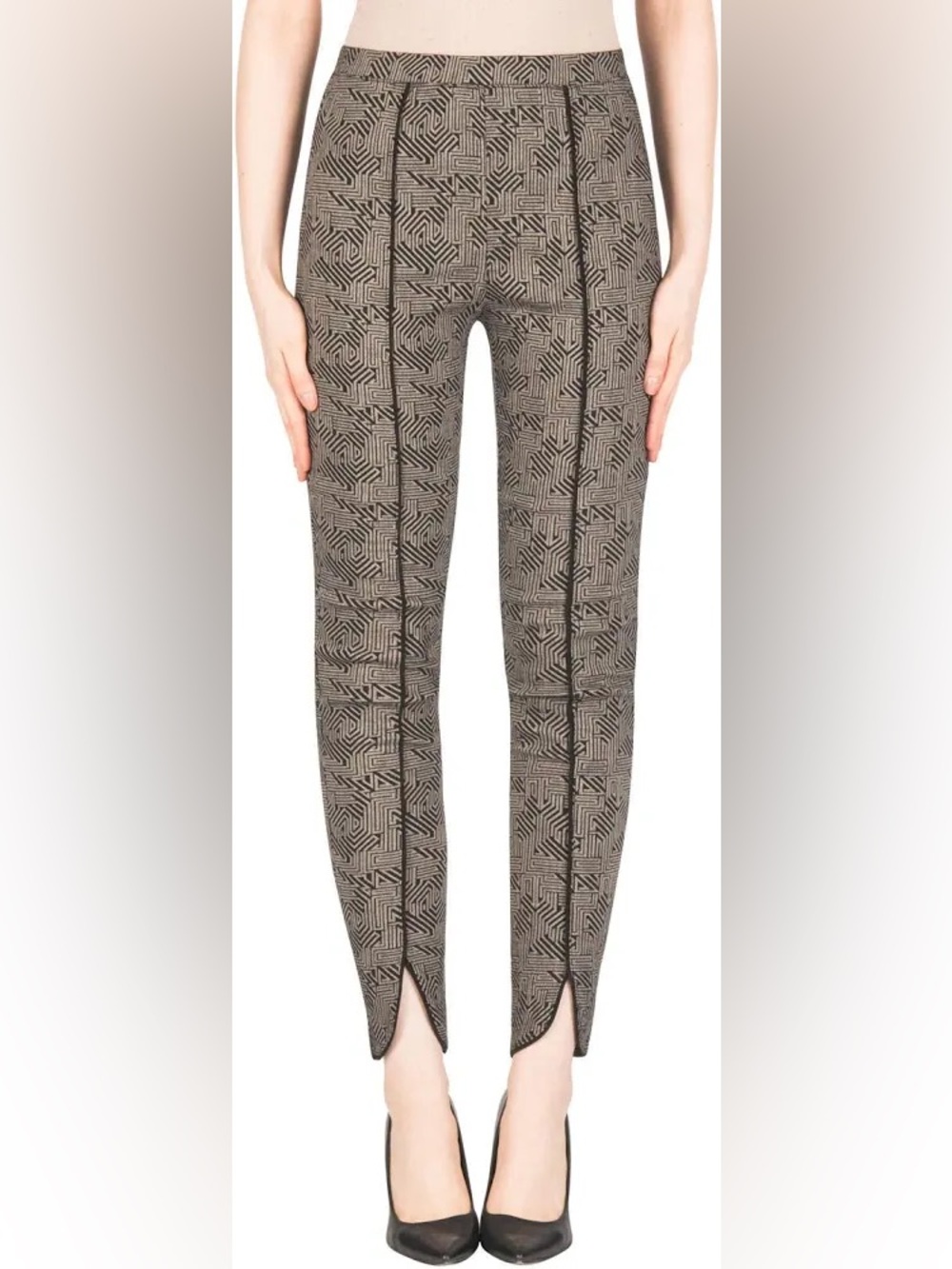 Joseph Ribkoff Geometric Pattern Slim Pant | Size 12 | Style 183525 Black/Taupe